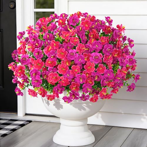 MARTINE MALL 24 Bundles Look Real Artificial Flowers for Outdoors, Realistic Fake Outdoor Flowers, UV Resistant Silk Flowers for Outside Faux Flowers Plants for Outdoor planters Porch Fuchsia&Rose Red - color: Fuchsia&rose Red, size: 24 Bundles