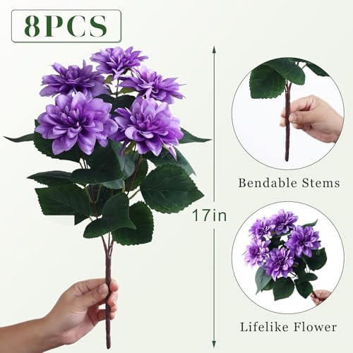 VIERENA 8 Bundles Artificial Dahlia Flowers for Outdoors Spring Summer Decor, No Fade Silk Flower Faux Dahlias Plant Arrangement for Home Garden Balcony Farmhouse（Purple） - color: Purple