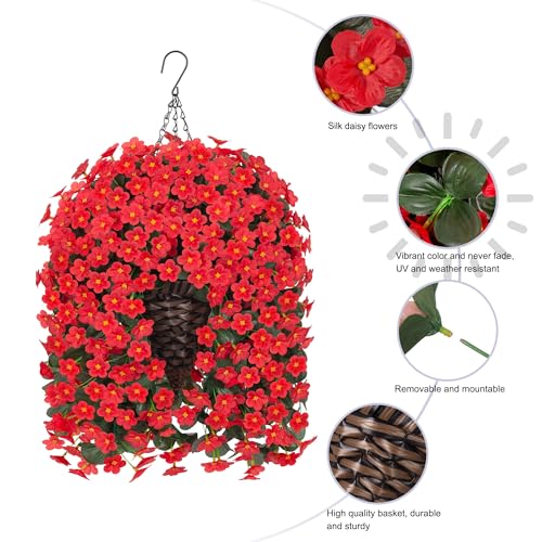 HyeFlora Artificial Fake Hanging Flowers Plants Basket for Outdoor Outside Spring Summer Decor, Faux Silk Red Daisy Flower Look Real UV Resistant Orchid Vine Plant for Porch Garden Yard Patio Home - color: Red Daisy