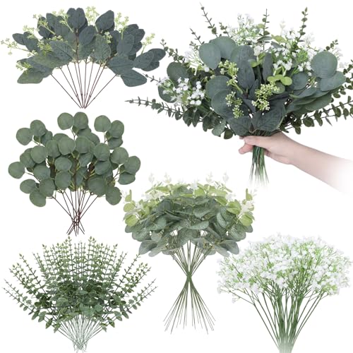 120 Pcs 5 Kinds Mixed Eucalyptus Leaves Stems Artificial Eucalyptus Leaves Bulk Silver Dollar Faux Greenery Picks for Wedding Vase Bouquet Centerpieces Decor - size: 120 Pcs