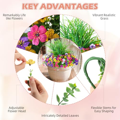 INQCMY Artificial Flowers for Outdoors UV Resistant, 14 Bundles Fake Plants Realistic Silk Flowers with Faux Ferns for Outside Planters Home Porch Patio Garden Back Yard Spring Summer Decoration - color: Deep Purple Rose Red White Yellow