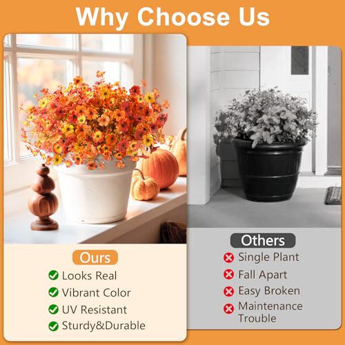 Artificial Fall Flowers for Outdoor, 12 Bundles 4 Colors Faux Mums Fake Fall Plants for Decoration, UV Resistant No Fade Silk Plastic Flower for Autumn Porch Patio Planters Windowbox Yard Garden - color: Orange,golden,autumn Sunset Red