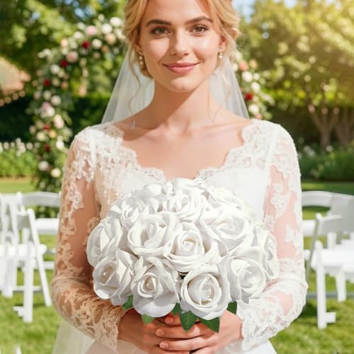 Lifewit Classic White Artificial Roses Flowers, Faux Long Stem Silk Roses Bulky for DIY Wedding Bouquets Decoration, Centerpieces Arrangements, Velentine,12 Pcs - color: White