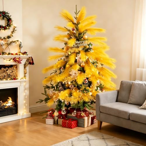 50pcs Golden Yellow Pampas Grass 21.6 Inch Non-Shedding Faux Pampas Grass Decor, Fluffy Artificial Pampas for Boho Home, Wedding Centerpieces and Neutral Vase Arrangements - color: Golden Yellow