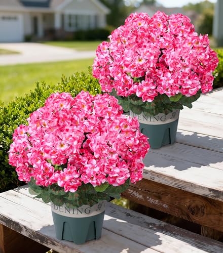 Geraniums Artificial Flowers for Outdoors, 2 Pack Potted Plants Pink Faux Geraniums Bush Artificial Topiaries Realistic UV Resistant Fake Flowers Plants for Planters Outside Gardens Front Door Indoor - color: Pink