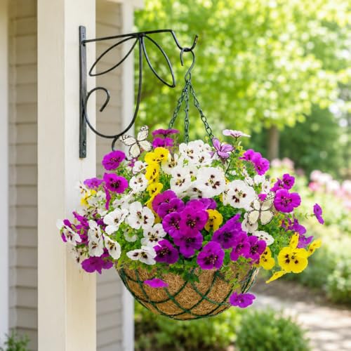 Geegoods 18 Stems Artificial Pansies Flowers for Outdoor with 3 Pcs Butterflies, UV Resistant Faux Flowers for Hanging Baskets Window Box Porch Garden Summer Decor - color: Purple White Yellow, size: 18PCS with Butterfly