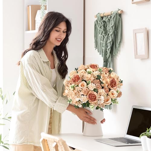 4 Packs Peonies Artificial Flowers Silk Champagne Artificial Peonies Bouquet Fake Flower Arrangements Mixed Roses Hydrangea with Stems for Centerpiece Table Wedding Bridal Bouquets Home Decor - color: Champagne