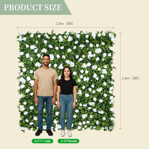 Large Size 8×8 Ft 3D Artificial Flower Wall Panels, Quick Assembly Storage White Floral Greenery Fake Backdrop Fence Screen for Wedding Baby Show Birthday Party Indoor Outdoor Garden Home Decor - color: White, size: 8×8 Ft