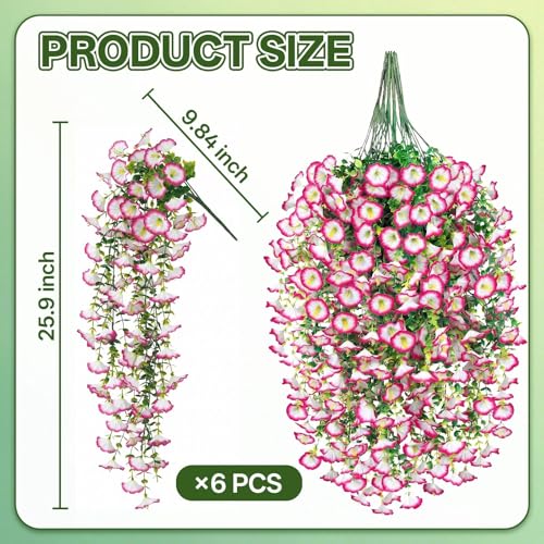 Artificial Hanging Flowers for Outdoors, 6 PCS Silk Morning Glory Artificial Flowers with Eucalyptus Leaves, UV Resistant Fake Flower Realistic Faux Plants for Home Patio Porch Garden, White+Pink - color: White+pink