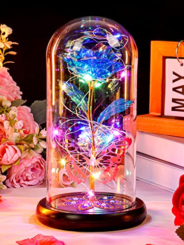 Pusuny Mothers Day Flowers Gifts for Mom Women Birthday Gift Galaxy Glass Rose Eternal Crystal Flowers Rose in Glass Dome with Butterfly Mother's Day Roses Gifts for Mom Daughter Wife Grandma Blue - color: C Blue