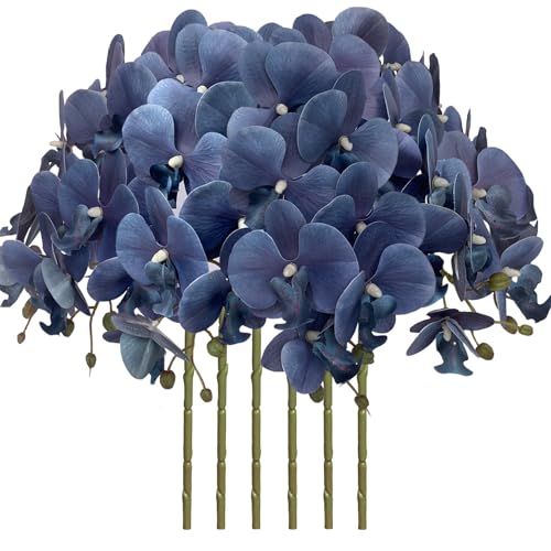 FagusHome 32 Inch Artificial Phalaenopsis Flowers 6 Pcs Artificial Orchid Flowers Stem Plants for Home Décor (Dark Blue) - color: Dark Blue