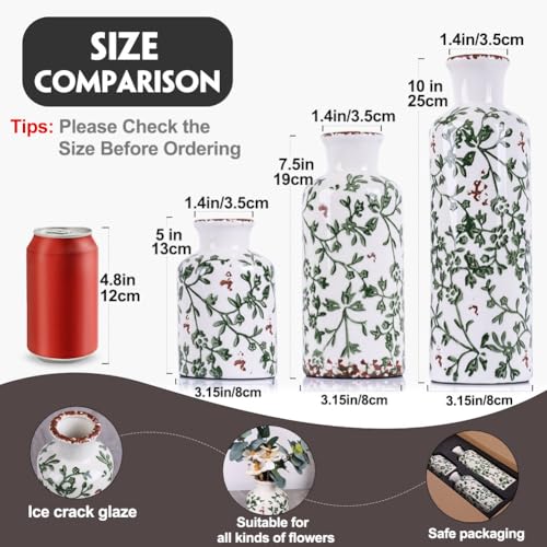 Green Ceramic Vase Set - 3 Chinoiserie Green Floral Vases, Farmhouse Country Flower Vase Home Decor, Living Room Decoration, Table Decoration, Fireplace Decor, and Entrance Decorations Centerpiece - color: Green