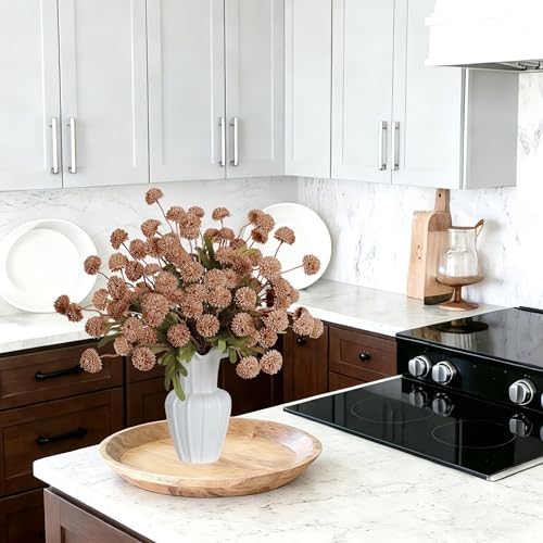 12Pcs Fake Kiku Flowers, Artificial Small Chrysanthemum Balls with Stems, Faux Silk Mini Pompon Mums for Vase Floral Arrangement DIY Bouquets Wedding Party Table Centerpieces Home Decor (No Vase) - color: Light Coffee
