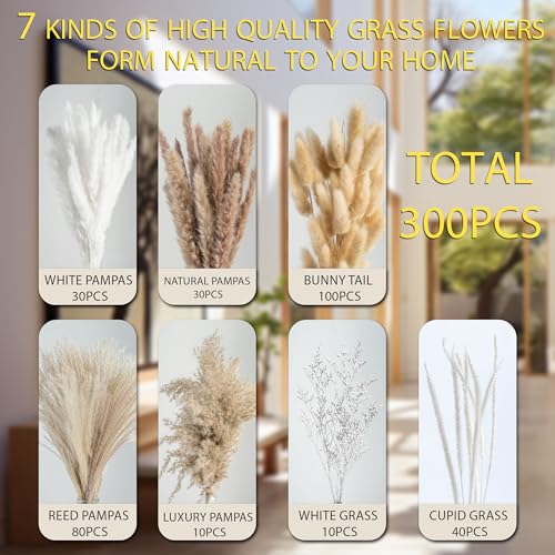 300PCS Natural Pampas Grass Decor Bouquet | Boho Dried Floral Arrangement Centerpiece Table Decor Wedding Decor Rustic Decor (300PCS) - size: 300PCS
