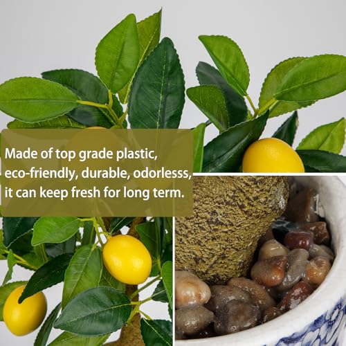 Artificial Potted Plants, 15.7 inches Small Fake Lemon Tree Artificial Lemons Citrus Tree with Blue and White Pot Faux Potted Plants Indoor Lemon Decorations for Home, Office, Living Room Table, Desk - style: French Country