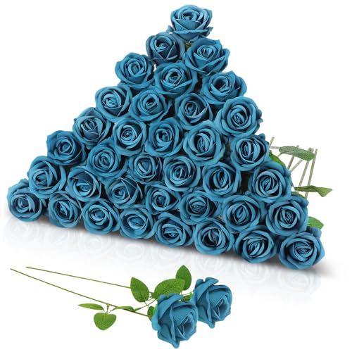 36 Pcs Velvet Texture Teal Artificial Flowers Bridal Bouquet, Fake Rose Long Stem Realistic Flowers Bulk for Valentine's Day Wedding Bouquet Ball Arrangement Centerpiece Party Home Decor - color: Teal