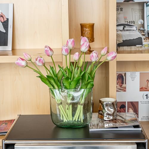 DUYONE 15pcs Artificial Tulips Flowers, Soft Touch Latex Bouquet, Fake Tulips for Office Wedding Party Home Kitchen Garden Decoration - color: 15pcs Peach Pink (No Vase)