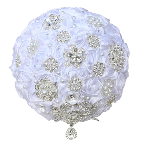 Bridal Wedding Bouquet Round Bling Brooch Bouquet Artificial Rose Flower Bunch for Bride Bridesmaid Wedding Quinceanera(White, 7.5") - color: White, size: Small (Dia. 7.5"/19cm)