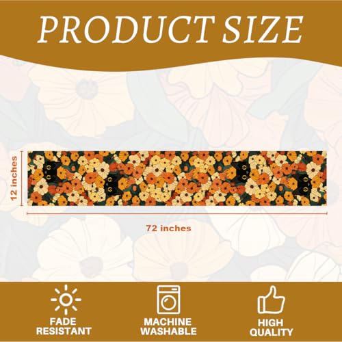 Black Cat Spring Table Runners Floral Spring Table Runner for Home Cat Floral Decorations for Home Office Kitchen Living Room Farmhouse Apartment 13 x 72 Inch - color: Black Cat 08