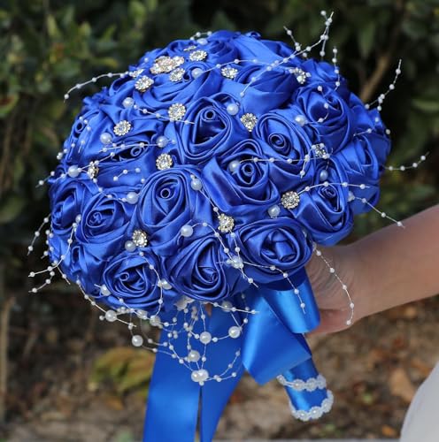 Ujicde Romantic Wedding Bouquet Bridal Bridesmaid Round Bling Brooch Bouquet Throw Toss Artificial Rose Flower Bunch with Sparkle Rhinestone Crystal Decoration(Royal Blue,Dia. 6.3"*16cm) - color: Royal Blue, size: Dia. 6.3"*16cm