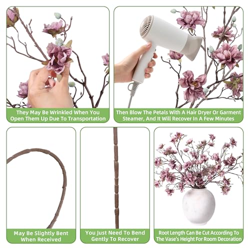 HyeFlora 3PCS Artificial Magnolia Flowers Stems for Spring Decoration, Faux Purple Magnolia Branches with Buds, 34.5" Long Stems Floral Arrangement for Vase Pot Table Centerpiece Indoor Decor - color: Purple