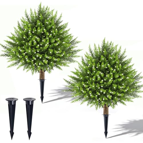 Artificial Ceder Topiary Trees, 24" UV Resistant Faux Plants Shrubs Bushes for Front Door Indoor Outdoor Home Decor - color: Green-berries