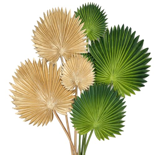 6 Pcs Pu Foam Artificial Palm Leaves Faux Palm Tropical Leaves Fake Palm Fronds for DIY Wedding Bouquets Fake Leaves for Centerpieces Arrangements Bridal Shower Palm Leaf for Home Decor Gold&Green - color: Green&gold
