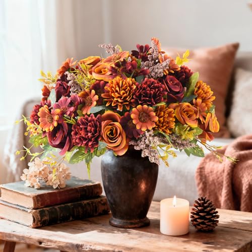 Homsunny Artificial Fake Fall Flowers Centerpieces for Table Decoration, 4 Pcs Faux Silk Flower Arrangements with Mums Chrysanthemum Rose Daisy Floral Bouquets for Home Wedding Party Autumn Decor - color: Orange Brown