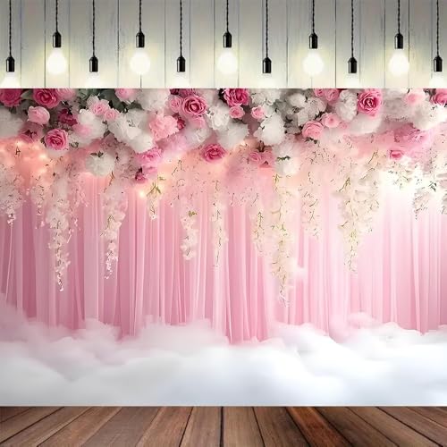 Romantic Pink and White Roses Wisteria Bridal Shower Photo Studio Backdrop Pink Wall Girls Woman Birthday Party Tea Party Baby Shower Anniversary Photography Background(D, 5 * 3feet) - color: D, size: 5*3feet