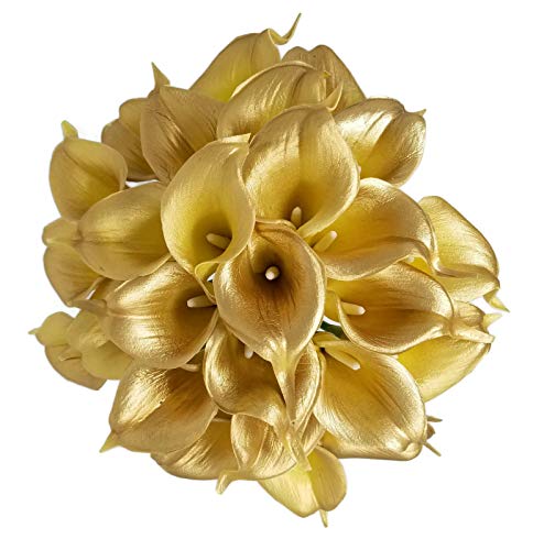 Floral Kingdom 20 Pack 14" Calla Lily Artificial Flowers, Real Touch 18k Gold Colored Faux Flowers for Home Decor, Table Centerpieces, Living Room & Weddings - color: 18k Gold