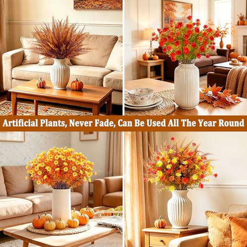 TURNMEON 12 Bundles Artificial Fall Flowers for Outdoors Fall Decorations, UV Resistant Fake Mums Faux Fall Plants Plastic Orange Boston Fern Eucalyptus Home Garden Porch Autumn Thanksgiving Decor - color: Mix Orange Brown Yellow, size: 12 Bundles