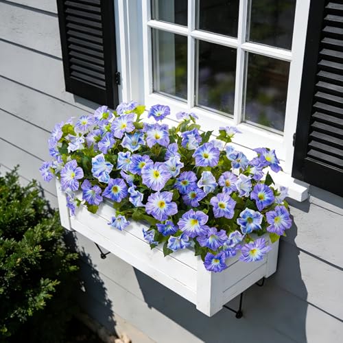 6 Pcs Artificial Petunia Flowers for Outdoor, Fake Spring Petunias Faux Silk Flowers for Outdoors UV Resistant Plants for Planters Garden Porch Patio Window Box Indoor Table Decor(White Blue) - color: G-blue White