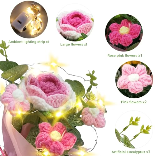Vynora Crochet Daisy Flowers Bouquet, Valentine's Day Handmade Daisy Artificial Flowers with Card for Mother's Day, Birthday, Wedding, Home Decor, Teacher's Day, Grandma Bday Gift (Pink) - color: Pink