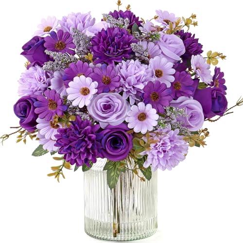 Dremisland Fake Flower Bouquets,2 Packs Silk Rose Daisy Bouquet Artificial Flower Arrangement Realistic Rose Bouquets for Centerpiece Table Wedding Party Bride Home Decor (Double Purple, 4PCS) - color: Double Purple, size: 4PCS