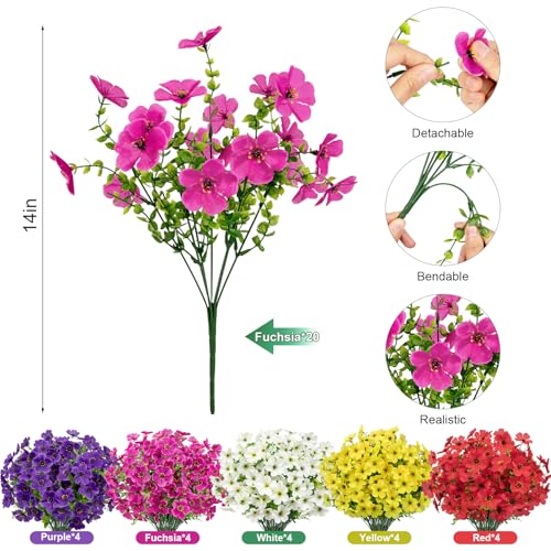 20 Bundles Artificial Flowers for Outdoors, Fake Violet Flowers Silk Realistic UV Resistant Faux Artificial Plants Outdoors for Window Box Garden Patio Front Porch Home Indoor Outside Decorations - color: Purple Fuchsia White Yellow Red
