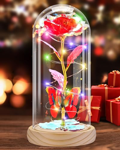 Otlonpe Preserved Artificial Rose Flower Lamp, Forever Women Gifts for Birthday Christmas Valentines Mothers Day, 7.7'' Glass Rose Wood Base Butterfly, Gifts for Mom Grandma Daughter Wife Girlfriend - color: Wood Red
