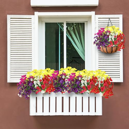 Artificial Flowers for Outdoors 12 Bundles Realistic Faux Plants UV Resistant Fake Silk Morning Glory with Eucalyptus for Front Door Planter Patio Porch Spring Summer Decoration (6 Mixed Color) - color: Mixed 6 Color