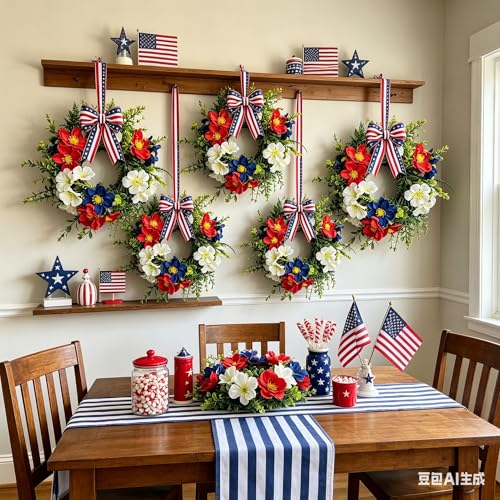 6 Pcs Small 4th of July Hanging Wreaths for Cabinets with Red Blue White Daisy Blooms Artificial Mini Independence Day Candle Holder Wreath with Eucalyptus for Patriotic Memorial Day Porch Front Door - color: Patriotic-7