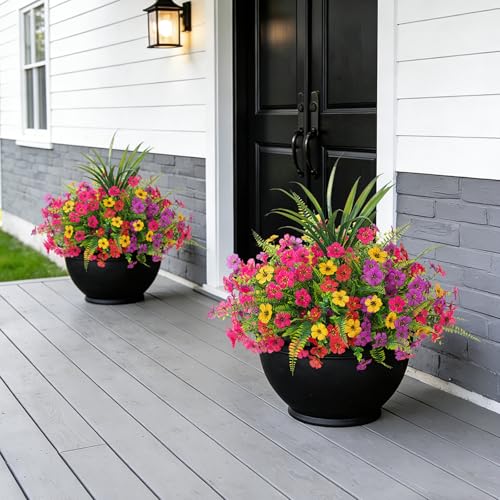 INXUGAO Artificial Fake Flowers Plants for Outdoor Spring Summer Decor, 12 Bundles Faux Silk Flowers for Outdoor Outside Planter Colorful Daisy UV Resistant Look Real for Front Door Porch Patio Yard - color: Mix 4 Colors Flowers+ferns+grass