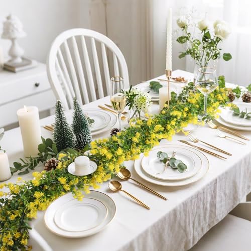 RECUTMS 3Pcs Hanging Garland Plants Artificial Eucalyptus Garland Fake Hanging Eucalyptus Leaf Garlands with Flowers Faux Vine Plants for Indoor Outdoor Spring Home Wall Arch Wedding Decor(Yellow) - color: Yellow