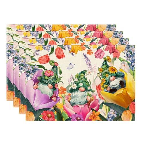 XCHI Tulips Gnomes Flowers Spring Placemats Set of 4 Summer Table Mats for Party Home Kitchen Dining Table Decorations 12x18 Inch - size: Set of 4 (12x18 Inch)