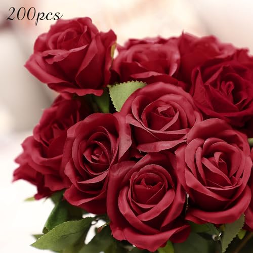 Lyrow 200 Pcs Artificial Roses Realistic Flowers Bulk Real Looking Fake Silk Rose Bouquets with Long Stem Flowers for Wedding Table Centerpieces Bridal Shower Party Home Garden Decor (Wine Red) - color: Wine Red