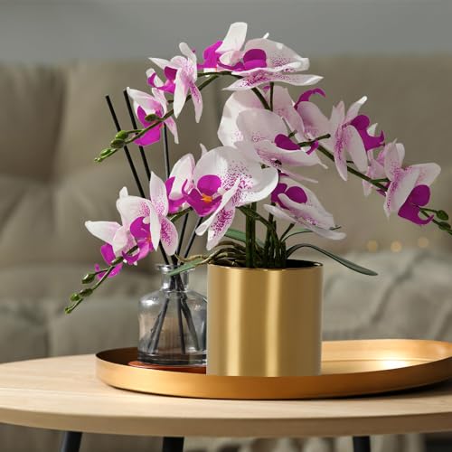 LESING Artificial Orchid Flower with Vase Realistic Orchids Faux Flower Fake Orchid Bonsai Plants in Pot Arrangement for Home Wedding Party Dining Table Centerpiece Decor (White Purple,Gold Vase) - color: White Purple,gold Vase