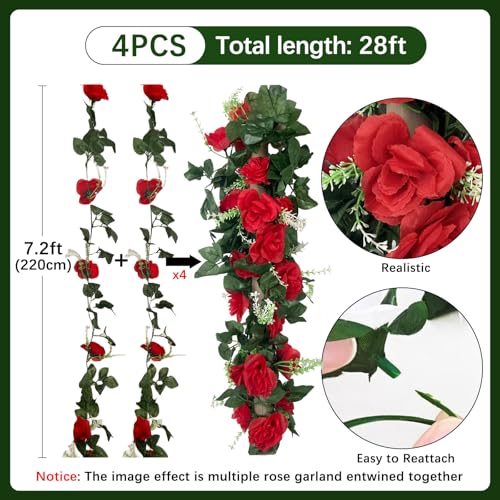4Pcs 28Ft Red Rose Garland, Fake Flower Vines, Artificial Vine Flowers, Rose Hanging Garland for Party Wedding, Garden, Room Table, Christmas, Backdrop Wall Arch Decor - color: Red, size: 4Pcs 28Ft
