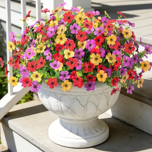 Artificial Flowers for Outdoors Potted Spring Decor, 12 Bundles Fake Summer Daisy with Realistic Eucalyptus Leaves, Faux Plants for Greenery Boxwood Porch Patio Garden Pot Lawn(Red Purple Yellow) - color: Red Purple Yellow