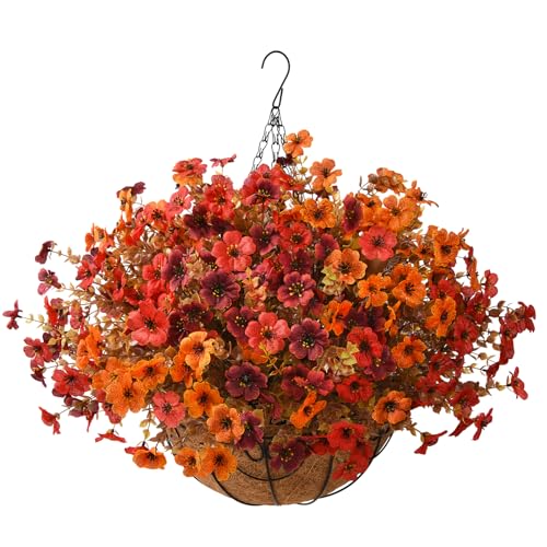 ZFProcess Artificial Fake Fall Hanging Plants Flowers Basket, Faux Silk Daisy in Planter Realistic UV Resistant for Outside Home Patio Balcony Yard Autumn Outdoor Decoration (Orange Brown Red) - color: Orange Brown Red