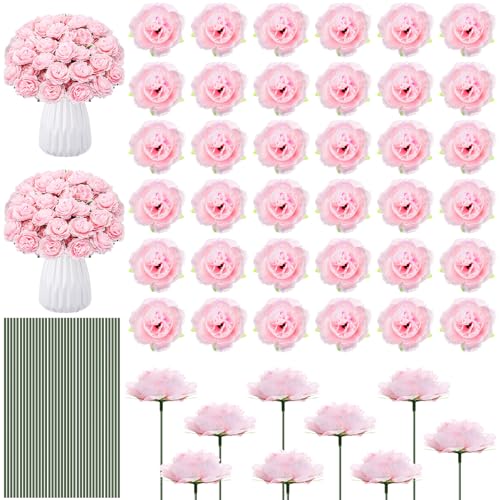 Thiccywoov 200 Pcs Flowers Long Stem Artificial Rose Bulk, 3.2 Inches Silk Rose Head Flowers Faux for Wedding Bridal Bouquet Independence Day Home Floral DIY Centerpieces Party Decoration(Pink) - color: Pink