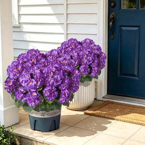Geraniums Artificial Flowers for Outdoors, 2 Pack Potted Plants Purple Faux Geraniums Bush Artificial Topiaries Realistic UV Resistant Fake Flowers Greenery for Outside Garden Porch Patio Yard Indoor - color: Purple