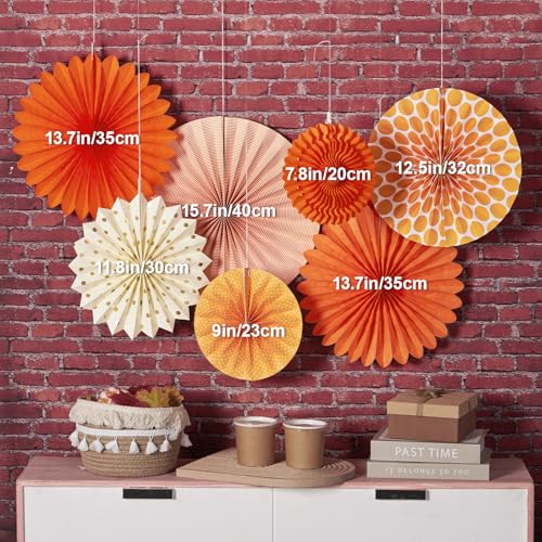 SUNBEAUTY Pack of 7 Hanging Paper Fans Collection Orange Paper Fans Home Party Photo Backdrop Decorations - color: Wd-orange