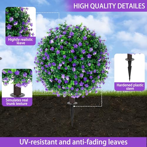 Yangrass Artificial Purple Flower Topiary Ball Trees with Ground Spike, Set of 2 UV Resistant Artificial Shrubs, Fake Evergreen Artificial Plant Bushes for Indoor Outdoor Front Porch Garden - color: Purple Flower